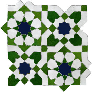Mosaic House Moroccan tile Ketyani 1-10-3 White Green Midnight Blue  zellige, mosaic, zellij, field, pattern, glaze, classic, stars, intricate 